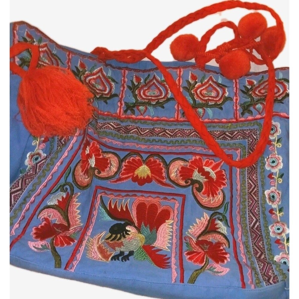 Harve Bernard VINTAGE Floral Bird EMBROIDERED Colorful LARGE HOBO Bag Y2K Tassel